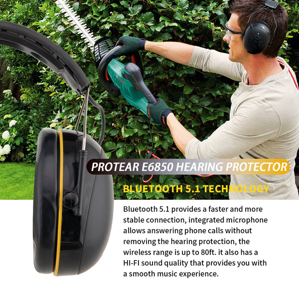 (Upgraded) E6850 Bluetooth 5.1 Hearing Protection with Integrated Microphone, High-Fidelity Speakers,48H+Playtime, Ideal Ear Muffs for Noise Reduction for Mowing, Workshop, Woodworking, NRR 25dB